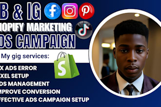 set up shopify facebook ads campaign, tiktok ads, instagram ads, pinterest ads