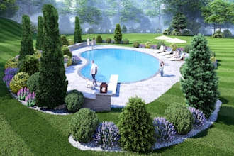 create landscape, front yard or backyard, flower bed, garden, pool, park, street