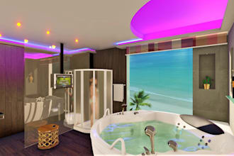 modern bathroom layout, 3d floor plan, sketchup model, rendering interior room