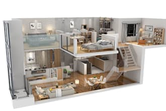 reform 2d to 3d duplex plan,3d residential room design,interior furniture render