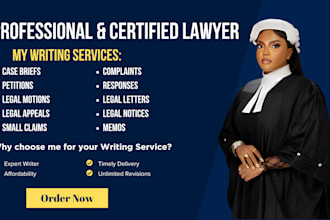 draft legal motions, lawsuits, complaints, petitions, legal appeal, case briefs