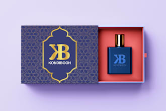 make product packaging, logo, box, label design for perfume, brand and cosmetics