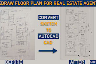 redraw floor plans from sketch to cad or dwg or autocad file