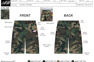 design a detailed streetwear shorts tech pack ready for sampling and production