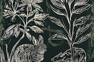 illustrate botanical and animal linocut vector art