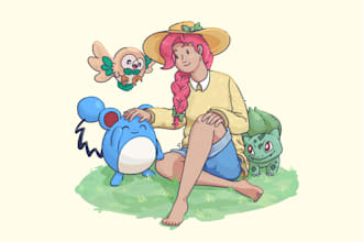 draw you as a trainer with your pokemon team in a cute style