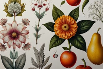 draw botanical illustrations of flowers, plants and fruits