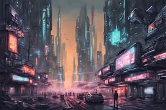 draw sci fi illustration of futuristic cyberpunk city