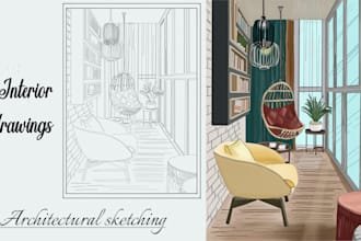 draw architectural sketches of building interior and exterior