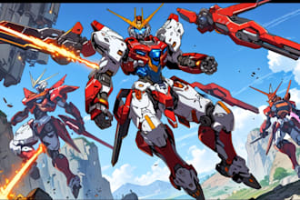 create gundam, transformers, mecha robot in anime manga style