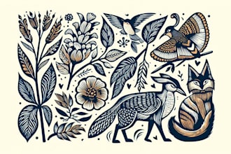 do linocut illustration botanical, animal for your brand