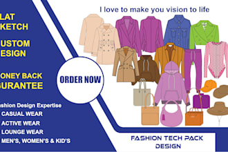 design flat tech pack of clothing color cad technical sketch for garments