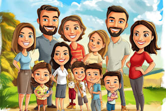 create a cartoon caricature family, group, and team outing
