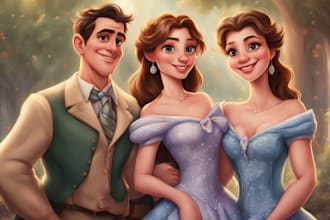 raw disney family couple cartoon portrait