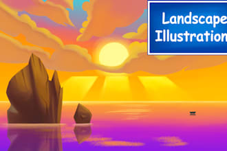 illustrations of landscapes, sunsets, skies, mountains