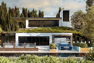 create architectural rendering, unique interior design, kitchen, sitting room