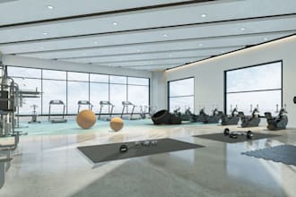 style cgi 3d gym center fitness center sport center,coffee shop,gym,3d rendering