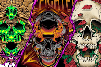 do badass detailed skull horror dark art t shirt design