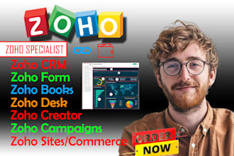 setup zoho CRM, zoho campaigns, zoho forms, zoho books, zoho sites, zoho desks