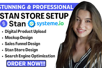 setup stan store digital product, stan store design, systeme io sales funnel