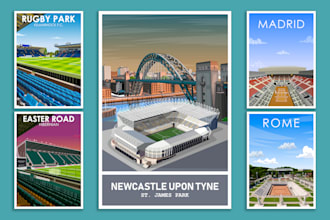 create football, tennis, and basketball stadium vector art illustration poster