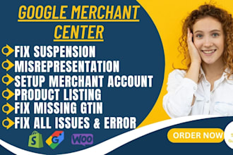 setup fix google merchant suspension, misrepresentation, gtin shopify ads, error