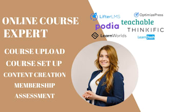 setup, upload online course on kajabi, thinkific, podia, teachable kajabi upload