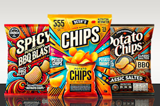 do product packaging, potato chips, bag, pouch label design and  3d mockup