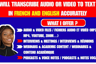 do video and audio transcription in french and english