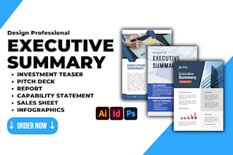 design one pager executive summary, investment teaser, infographics, sales sheet