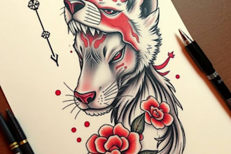 draw full anime tattoo, gangster tattoo, animal tattoo, red traditional tattoo