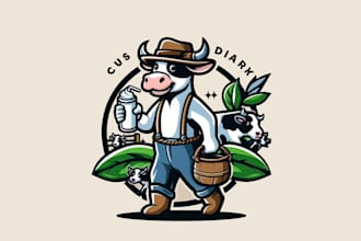 creative modern cow diary farmer mascot logo with express delivery