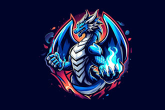 design eye catchy blue dragon mascot logo very fast with super color