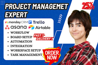 setup monday CRM monday board trello, asana, airtable clickup be your monday VA