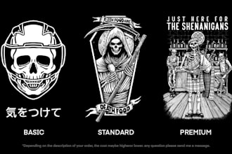do black and white illustration for t shirt brand or band