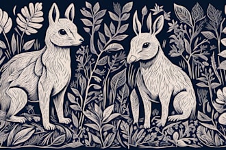 make animal and botanical linocut doodle illustration