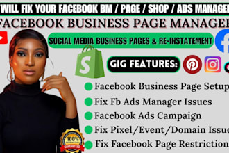 create, fix, setup meta facebook business page and other social media