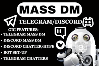 build mass dm bot, telegram bot, twitter, discord, reddit