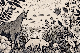make animal and botanical linocut doodle illustration
