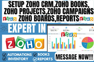 setup zoho crm, zoho books,zoho projects,zoho campaign setup zoho boards report