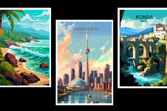 create art deco, vintage, retro, modern travel poster or landscape illustration
