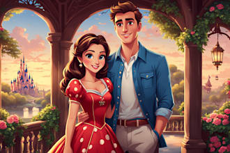 draw you cute disney cartoon couple portrait