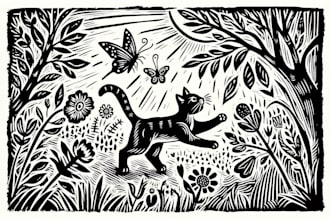 draw animal and botanical linocut doodle illustration
