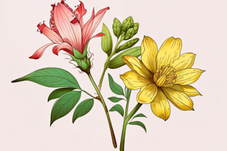 draw beautiful digital botanical illustration of flowers, fruits, and plants