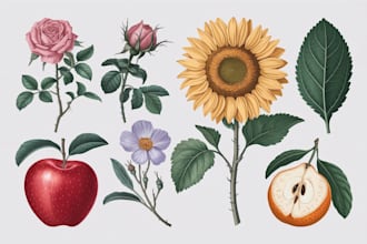 draw botanical illustrations of flowers, plants, fruits