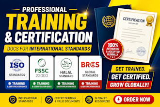 provide training and certification docs for iso, fssc, halal, and brc standard