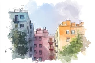 sketch and watercolor of buildings