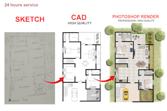 render floor plan, elevation, section and master plan in photoshop