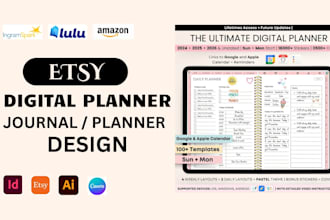 design editable etsy digital planner, kdp journal, hyperlinked planner on canva