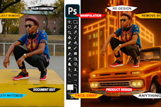 do photoshop work, photo editing, color change, face swap, object removal in 2 h